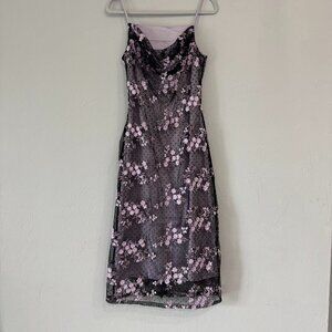 BCBG MaxAzria Black Lilac Cowl Neck, Satin, Lace Floral Embroided Dress NWT XS